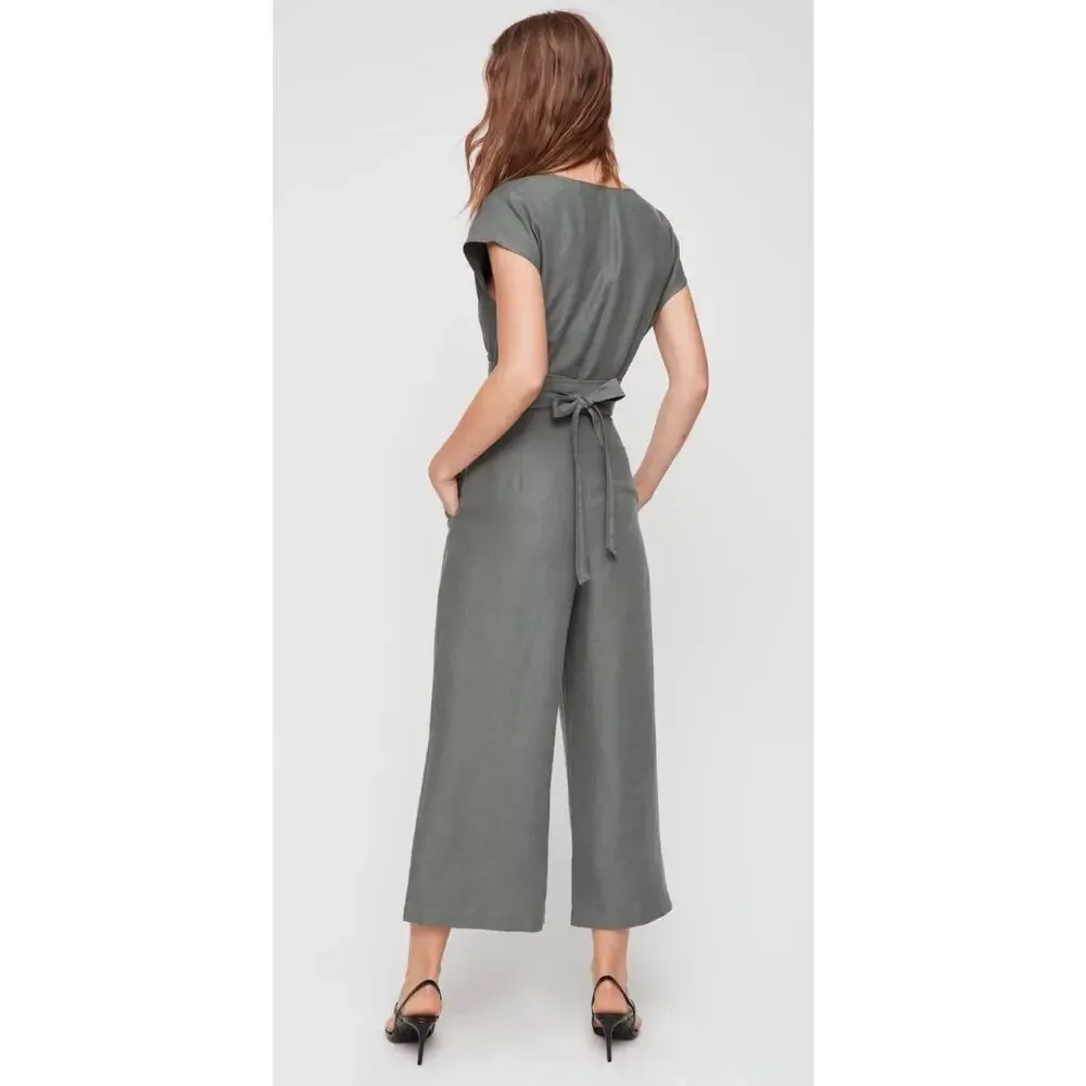 Aritzia Wilfred Revolve Brax Linen Blend Jumpsuit Sagesse Grey Green Wrap sz 8
